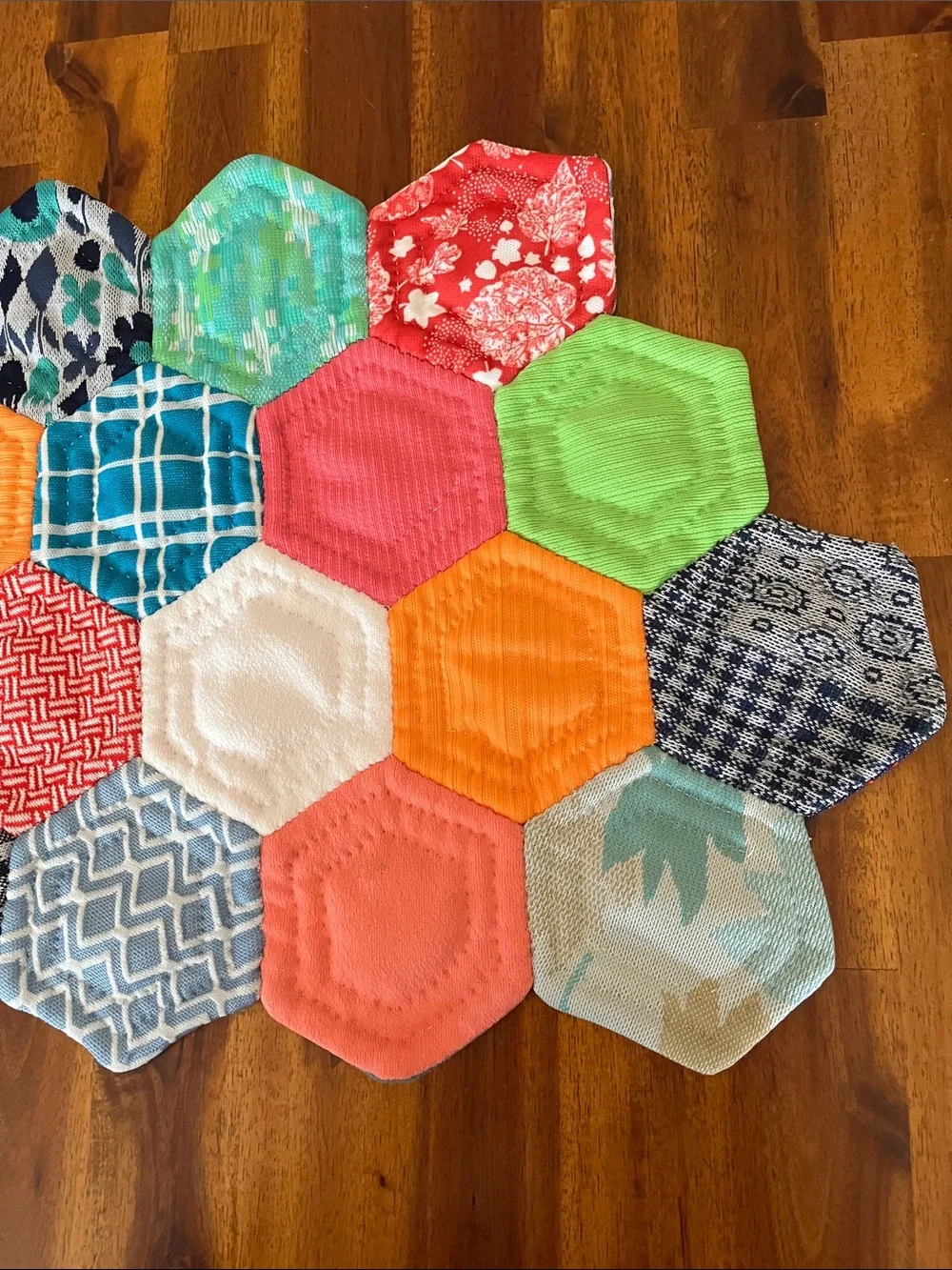 2 Vtg Geometric Handmade Placemats From Old 70s Fabric Pieces MCM Retro